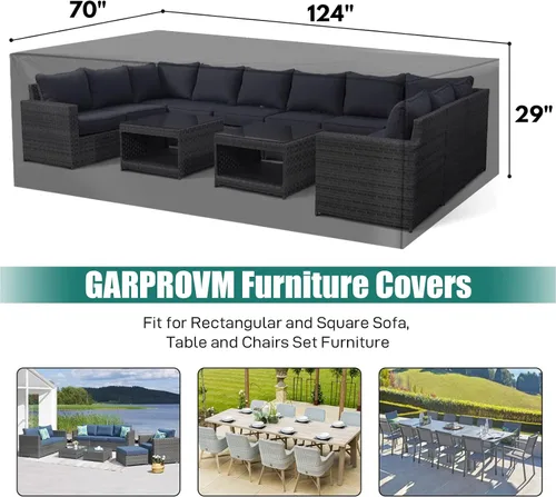 Vista 2 de GARPROVM Fundas rectangulares impermeables para muebles de patio al aire libre, juego de fundas rectangulares con material 600D mejorado, 4 hebillas