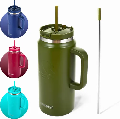 Vista 23 de FAHRMOSIS Vaso de 40 onzas con asa y pajita, taza aislada que cabe en el portavasos para bebidas frías y calientes, vaso a prueba de fugas