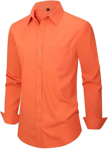 Vista 9 de corfty Camisa de vestir de manga larga para hombre, ajuste regular, elástica, sin arrugas, casual, con botones