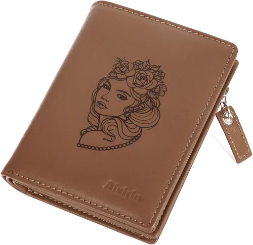 Vista 8 de Billetera de cuero RFID personalizada pintada a mano sección vertical de gran capacidad con cremallera monedero tarjetero titular, Café-Queen
