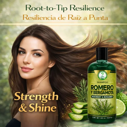 Vista 4 de Romero, Sábila & Bergamota Shampoo (romero, aloe vera y bergamota) – 16.9 fl oz – Cuidado nutritivo del cabello – Brillo natural y fuerza – Cabello