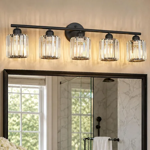 Vista 18 de Lámpara de tocador moderna de cristal de 2 luces, accesorio de luz vertical dorada para baño sobre espejo para mesa de tocador y fregadero