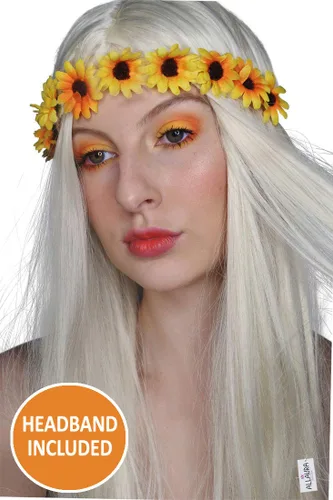 Vista 2 de Allaura Disfraz de diadema con flores, peluca hippie para mujer, disfraz de los años 1970 + diadema de flores extraíble, peluca larga, rubia