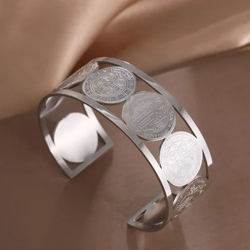 Vista 4 de Cross St. Benedict Christian Bracelet, Virgin Mary Catholic Stainless Steel Cuff Bangle