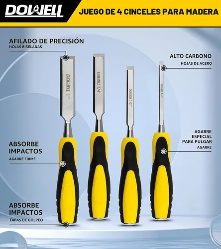 Vista 5 de DOWELL Juego de herramientas de cincel de madera, 4 piezas de cincel resistente, 1/4 pulgadas, 1/2 pulgada, 3/4 pulgadas, 1 pulgada con lápices
