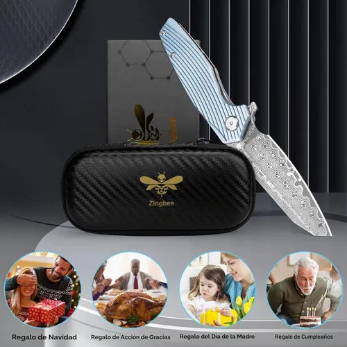 Vista 8 de Zingbee Cuchillo de bolsillo de Damasco de 3.46 pulgadas con clip, mango antideslizante azul DMXQ 1-azul