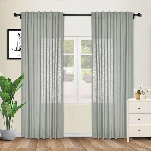 Vista 12 de cololeaf Cortinas de lino naturales de 63 pulgadas de largo, cortinas neutras con bolsillo para barra, pestaña trasera, oscurecimiento de la Aqua