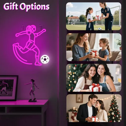 Vista 6 de Letrero de neón de fútbol de OkiyiD para niñas - Decoración de pared deportiva regulable con alimentación USB, regalos únicos para mujeres y niñas