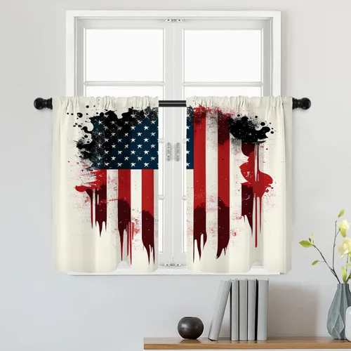 Vista 47 de Batmerry American Flag Ink Dot Blackout Tier Curtains, Red Blue White Stars Abstract Thermal Insulated Half Curtain Rod Pocket Small Valance for