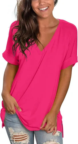 Vista 2 de SAMPEEL - Camisetas de verano con cuello en V para mujer, camiseta informal de manga corta y con abertura lateral