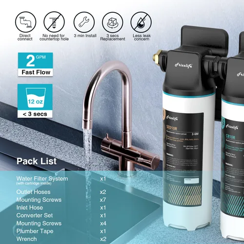 Vista 5 de Frizzlife Sistema de filtro de agua DW10 para debajo del fregadero, elementos certificados NSF/ANSI 53 y 42, reduce el 99.99% de plomo, cloro