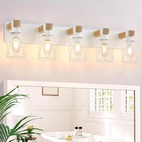 Vista 13 de Farmhouse 3-Light Wood Bathroom Vanity Light, White Metal Cage Shade