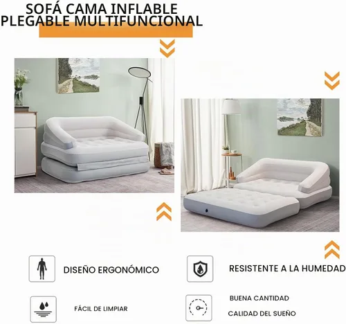 Vista 4 de Sofá cama inflable para camping, flotador de piscina, colchón flocado al aire libre con reposabrazos, tamaño matrimonial