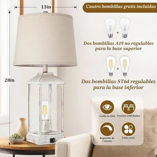 Vista 5 de Juego de 2 lámparas de mesa de granja de 28 pulgadas para sala de estar, lámpara de noche regulable de 3 vías con puertos USB, lámparas de mesa