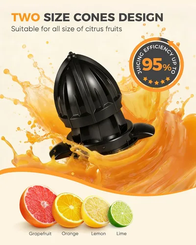 Vista 5 de Exprimidor eléctrico de naranja, exprimidor de cítricos con 2 conos intercambiables, máquina exprimidora eléctrica de 160 W con cuerpo de acero