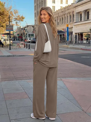 Vista 4 de Trendy Queen Conjunto de 2 piezas de otoño para mujer, tops de gran tamaño Caqui