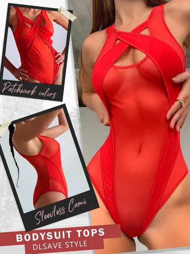 Vista 4 de Dlsave Body de encaje para mujer, camiseta de malla recortada, traje sin mangas