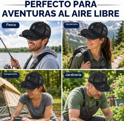Vista 4 de Sombrero de pesca con ventilador solar, recargable por USB, negro