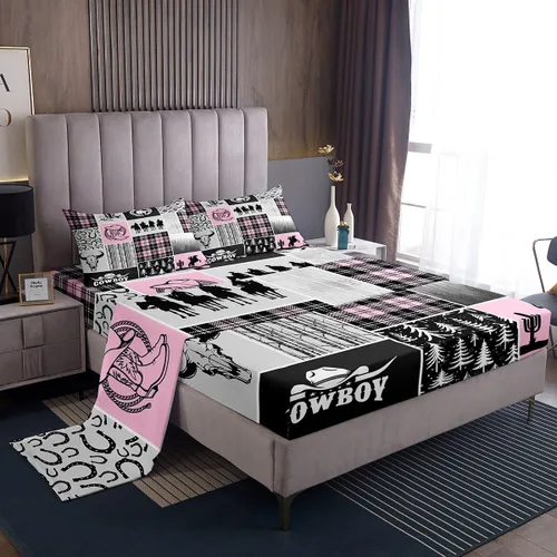 Vista 11 de Western Cowboy - Juego de sábanas para niños, tamaño individual, juego de ropa de cama rústica de herraduras, cactus y herraduras, decoración