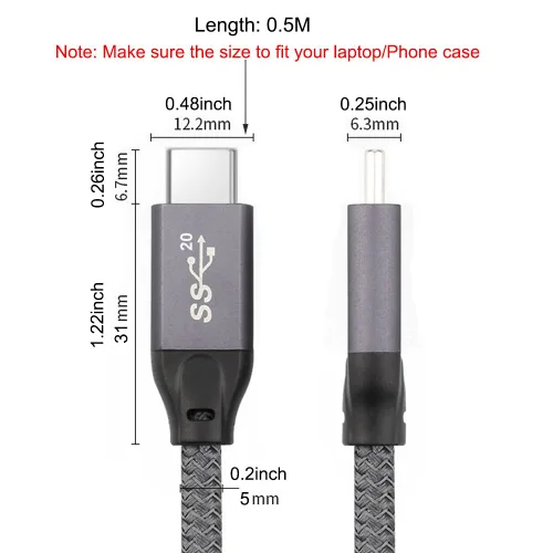 Vista 2 de QCEs Cable corto USB C a USB C 3.2 Gen 2 de 1.65 pies, transferencia de datos de alta velocidad de 20 Gbps, pantalla 4K, carga rápida de 100 W