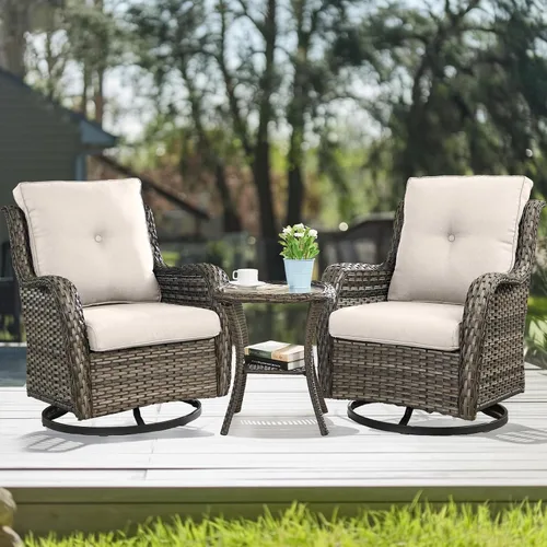 Vista 53 de HUMMUH Juego de 2 Sillas Giratorias Mecedoras de Mimbre para Patio Exterior, Juego de Muebles de Sillas Mecedoras de Ratán (Marrón, Azul) 50,000