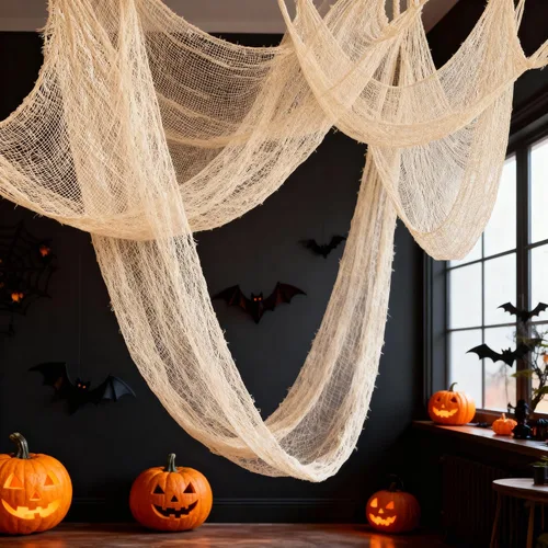 Vista 3 de Qtisky Juego de 5 telas de gasa espeluznante de Halloween, tapiz de gasa de Halloween beige para interiores y exteriores, decoraciones espeluznantes