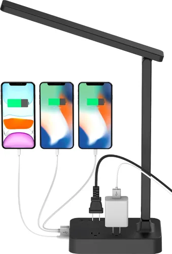 Vista 10 de Drevet Lámpara de escritorio LED con cargador inalámbrico, luz de mesa de escritorio con puerto de carga USB y 2 tomas de corriente, 3 modos