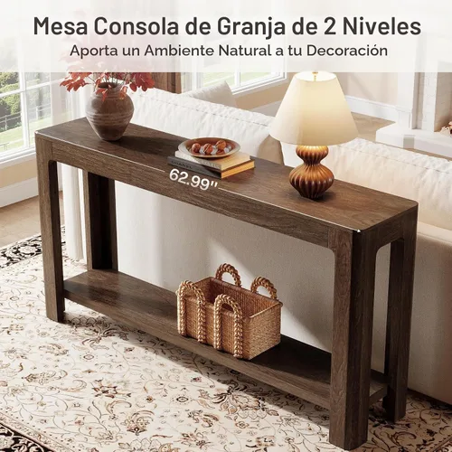 Vista 8 de Tribesigns - Mesa de consola de entrada de 63 pulgadas, mesa de sofá de 2 niveles estilo granja estrecha detrás del sofá, mueble de consola