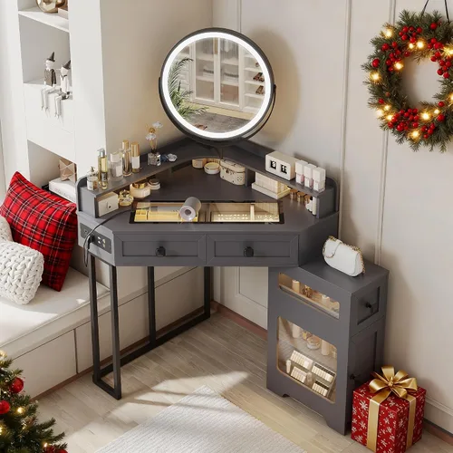 Vista 8 de FREDEES - Vanidad de maquillaje con espejo y luces Corner Makeup Desk with Drawers and Shelves, Vanity Table with Charging Station and Stool for