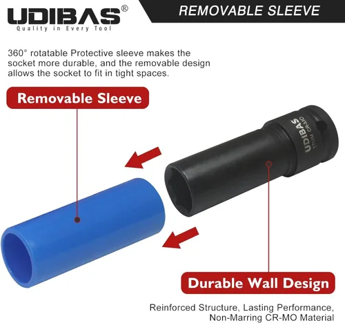 Vista 5 de Llave de tuerca de impacto de 17 mm de 1/2 pulgada, profunda, métrica, con fundas protectoras y material CR-MO de alta resistencia que no deja marcas