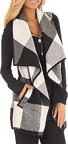 Vista 3 de Unidear Chaleco de Cuadros Buffalo para Mujer Casual con Solapa Frente Abierto sin Mangas Chaqueta Cardigan Abrigo con Bolsillos