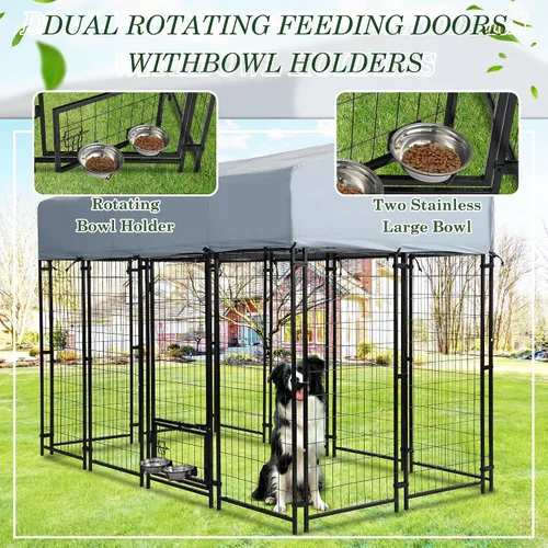 Vista 3 de Perrera para perros al aire libre, recinto para perros de 8 x 4 x 5.7 pies con cubierta de techo impermeable y 2 cuencos giratorios para perros