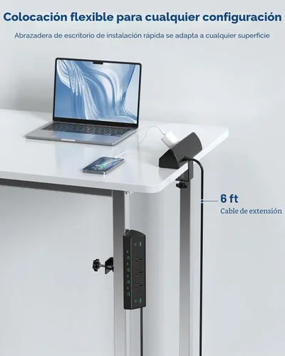 Vista 4 de Jgstkcity Regleta de alimentación con abrazadera de escritorio de 90 W, 12 puertos USB (6 PD 45 W USB-C), protector de sobretensiones, cable