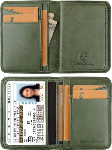 Vista 4 de VISOUL Cartera de cuero genuino para tarjetas de crédito para hombres y mujeres cartera delgada y flexible con un mini soporte extraíble