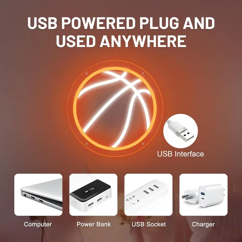 Vista 5 de Letrero de neón de baloncesto, 9.84 x 9.84 pulgadas, luz de neón LED de baloncesto, alimentado por USB con interruptor regulable, letrero LED