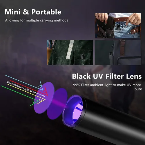 Vista 4 de Linterna UV 365nm y 395nm luz ultravioleta, mini luz negra recargable Negro