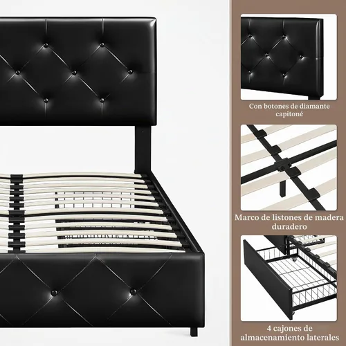 Vista 9 de Yaheetech - Marco de cama tapizado completo con cajones de almacenamiento, color negro PU leather & metal frame with wood slats give sturdy