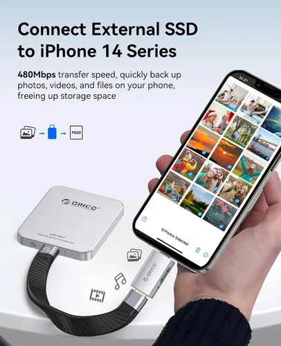 Vista 3 de ORICO Adaptador Lightning a USB con puerto de carga, USB C hembra a Lightning macho para iPhone 14, 13, 11, 12 Pro Max, compatible con soporte