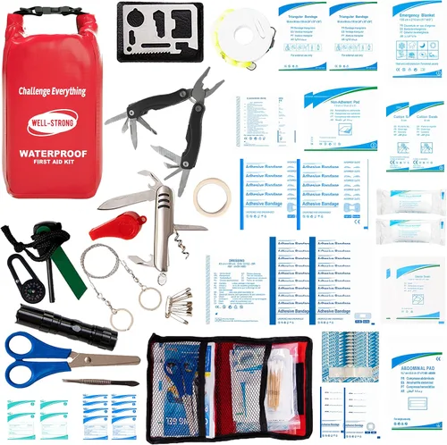 Vista 10 de Kit de primeros auxilios para lancha con herramientas de supervivencia, 123 piezas impermeables de emergencia con hebillas, accesorios compactos