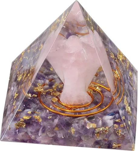 Vista 8 de mookaitedecor Pirámide de orgón de cristal aguamarina con ángel de la guarda de cuarzo rosa y piedras rodadas generador de energía de orgonita