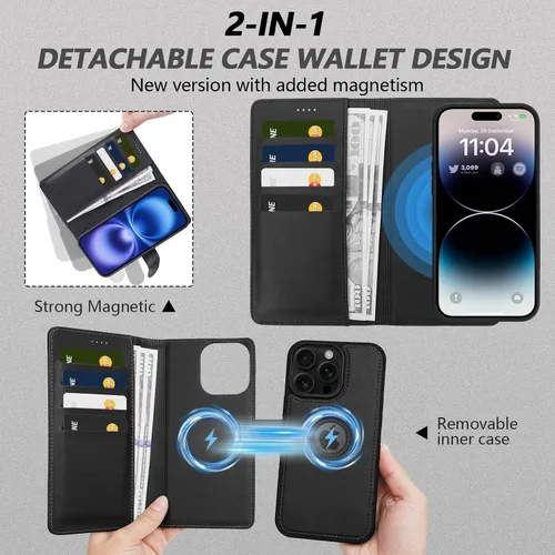 Vista 3 de Funda de piel sintética 2 en 1 para iPhone 13 PRO MAX, funda de piel sintética desmontable con soporte para tarjetas, funda extraíble con bloqueo
