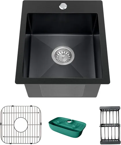 Vista 13 de Fregadero de cocina y bar, fregadero de cocina de acero inoxidable de 15 x 17 pulgadas de empotrar, fregadero de bar moderno de un solo tazón