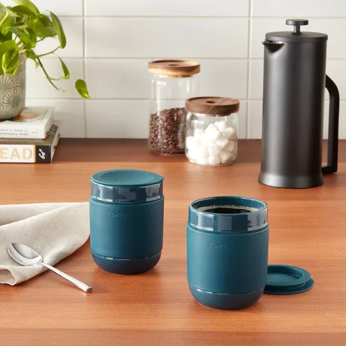 Vista 4 de Corelle - Vasos de cerámica de 13.5oz con tapas de silicona, azul marino, esmalte sólido, juego de 4