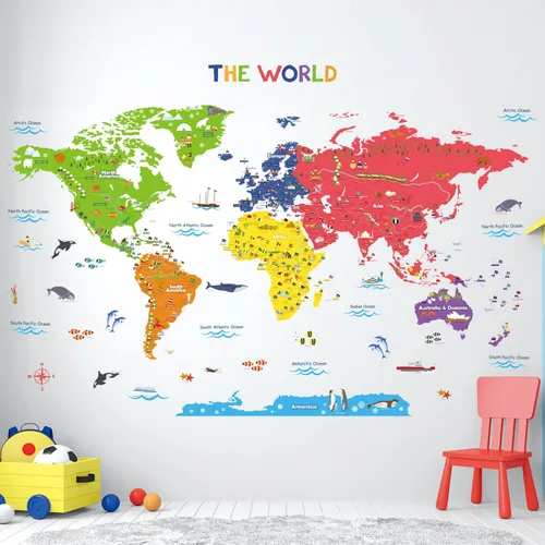 Vista 3 de Decowall - Calcomanías coloridas con mapa del mundo, removibles, se pelan y pegan, ideal para recámaras de niños, salas