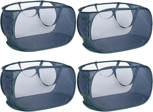 Vista 18 de Cestas de lavandería plegables duraderas, cesta de lavandería desplegable de malla con bolsillo lateral, cesta de ropa plegable con asas