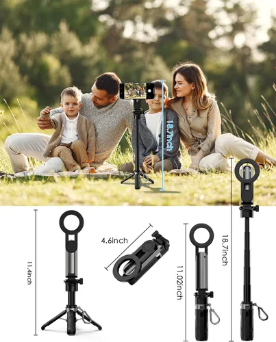 Vista 3 de CloudValley Palo magnético para selfie y mini trípode, estabilizador de mano extensible de rotación de 360°, agarre de cámara con control remoto