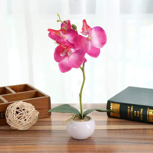Vista 4 de Orquídeas artificiales con jarrón de plástico Phalaenopsis - Maceta de orquídea sintética para el hogar, cocina, mesa, centro de mesa, decoración