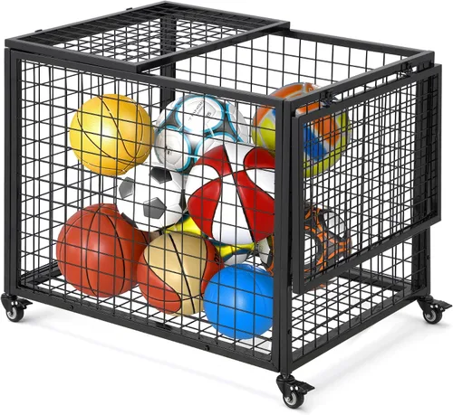Vista 8 de AECOJOY Almacenamiento de carrito de bolas, cubo de baloncesto con ruedas para garaje, escuela, gimnasio, equipo deportivo y organizador