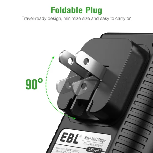 Vista 6 de EBL Paquete de 4 baterías AA recargables, batería doble A precargada de 2800 mAh y cargador de batería AA AAA con enchufe de pared plegable