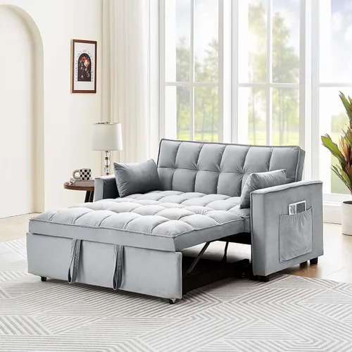Vista 10 de Sofá cama convertible 3 en 1, sofá biplaza moderno de terciopelo con almohadas y bolsillos laterales, sofá extraíble de 2 plazas para espacios Crema